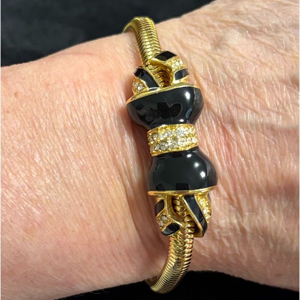 VTG Enamel Rhinestone Bow Snake Chain Bracelet